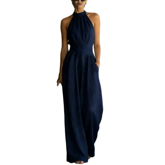 Women's Halter Neck Jumpsuit, Sleeveless Casual Wide Leg Rompers, Summer High Waist One Piece Outfits with Pockets