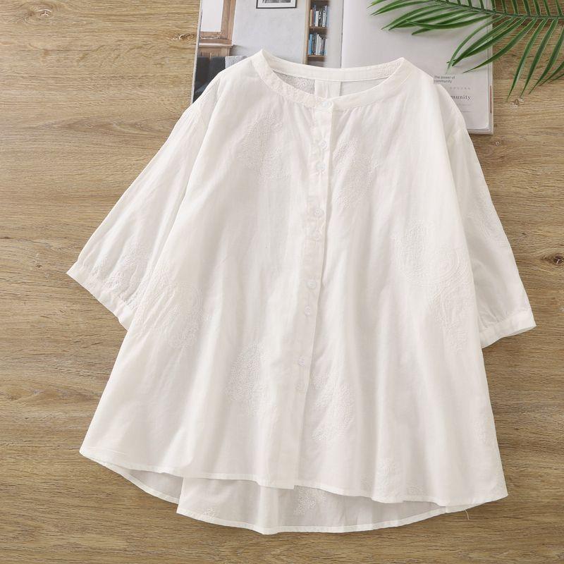 

Summer Clothing Commuter Simple Stand Collar Leisure Pure Cotton Cloth Short sleeve Shirts Retro Artistic Loose Slimming Embroidery Top Women White One size