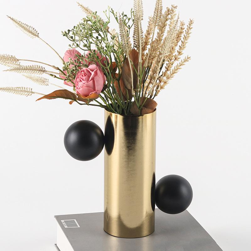 Light Luxury Metal Cylindrical Bead Dot Flower Arrangement Ornaments Model Room Desktop Vase Designer Art Soft Decoration