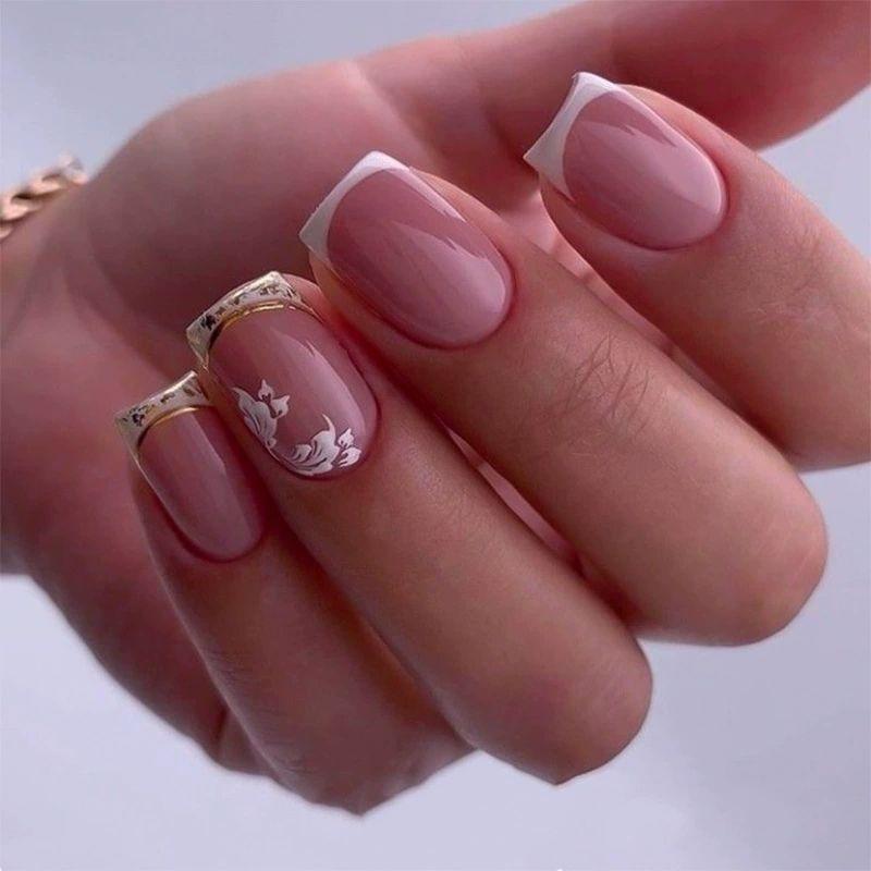 European And American Manicure, Nail Piece Small Fresh Flower Classic French Short Nail Square Nail, Wearing Nail Free jelly glue + rubbing strips*4pcs
