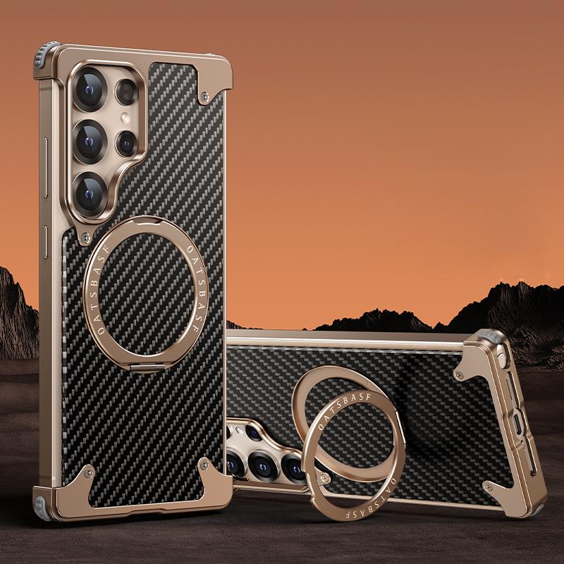 For Samsung Galaxy S25 Ultra Phone Cover Frameless Shockproof Carbon Fiber Aluminum Alloy Wireless Charge Magnetic Bracket Back Case