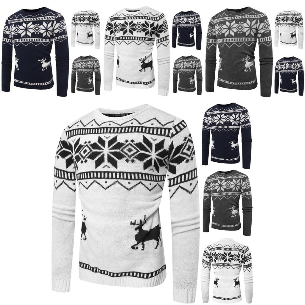 Gemütlicher und weicher Herren-O-Ausschnitt-Pullover mit festlichem Hirsch-Druckdesign für Weihnachtsfeiern