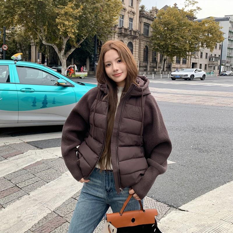 Womens Short Faux Two-Piece Knit Sleeve Cotton Coat 2026 Fall Winter Solid Color Loose Casual Hooded Jacket