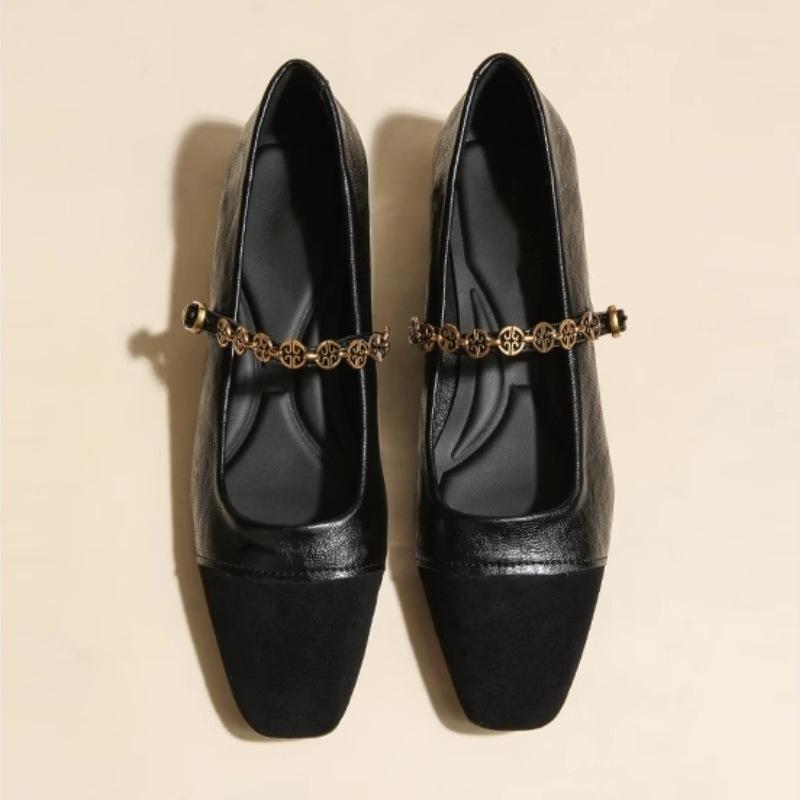 

Metal chain square head Mary Jane shoes women s splicing word with thick heel sheepskin versatile single shoes low heel brown small leather shoes 35 чёрный