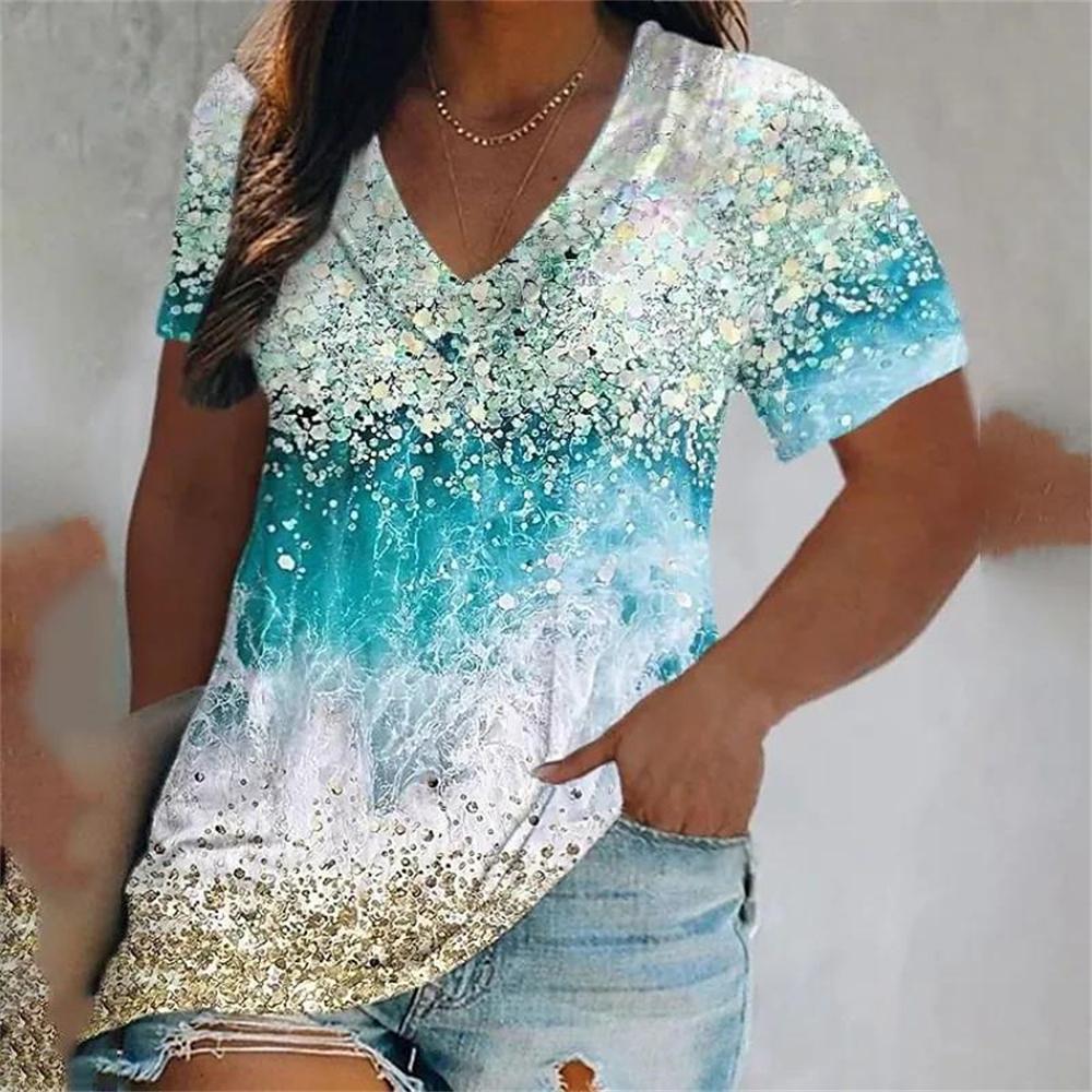 Fashion V-Neck Short Sleeve Colorful Tassels Print T-Shirts Summer Casual Elegant Women's Large Size T-Shirts