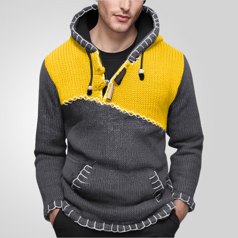 Casual Fall Winter Sweaters for Men Hooded Knitted Pullover Long Sleeve Slim Fit Knit Tops Men's Color-Blocked Drawstring Hoodie Sweater With Pocket