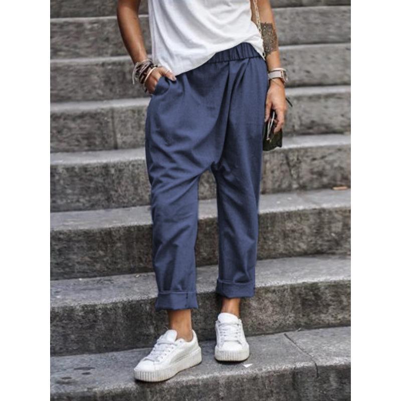 

YYFS Женская мода повседневные однотонные принтованные брюки с высокой талией брюки и капри S темно-синий