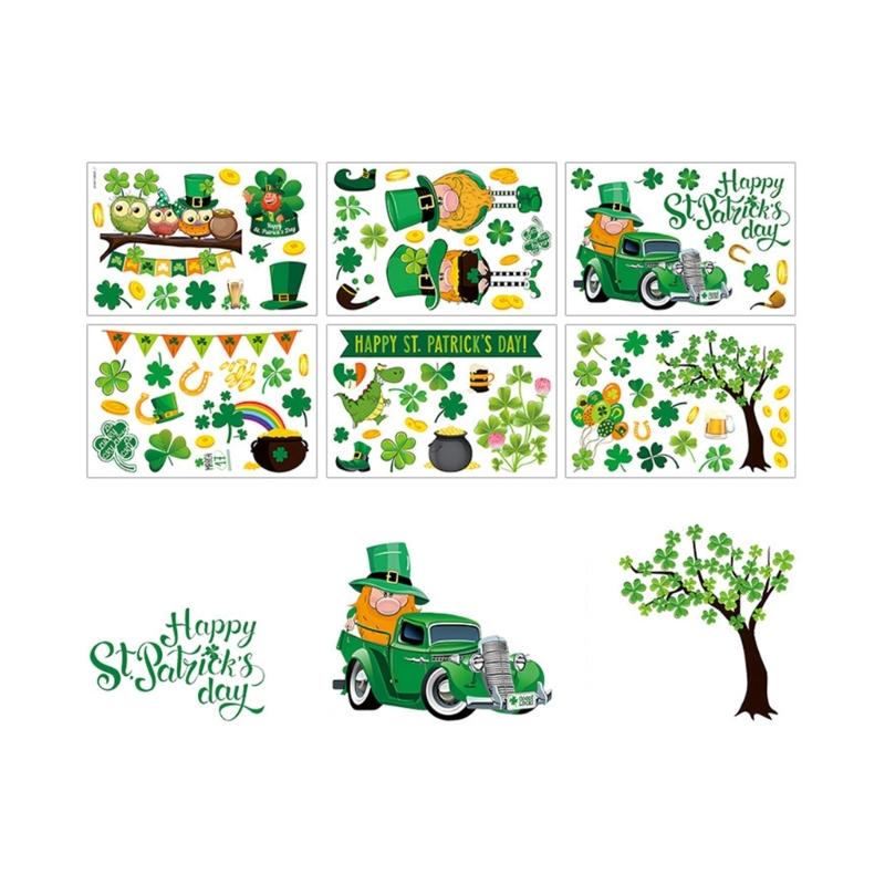 PVC-dekal Klistermärken St Patrick's Day Dekorationer Klistermärken med Klöver Småfolk Design för Fönster Spegel Glasdörr Dekorer