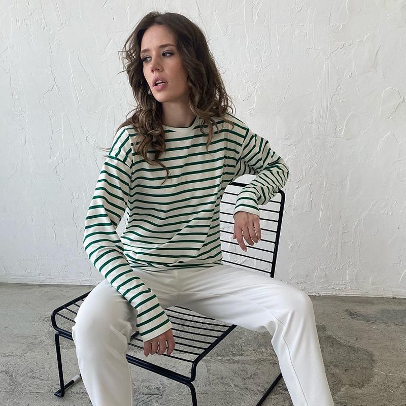 Cozy Loose Long Sleeve Striped T-Shirts Women Autumn Basic Casual Cotton Tops Round Neck Street Style Blouse