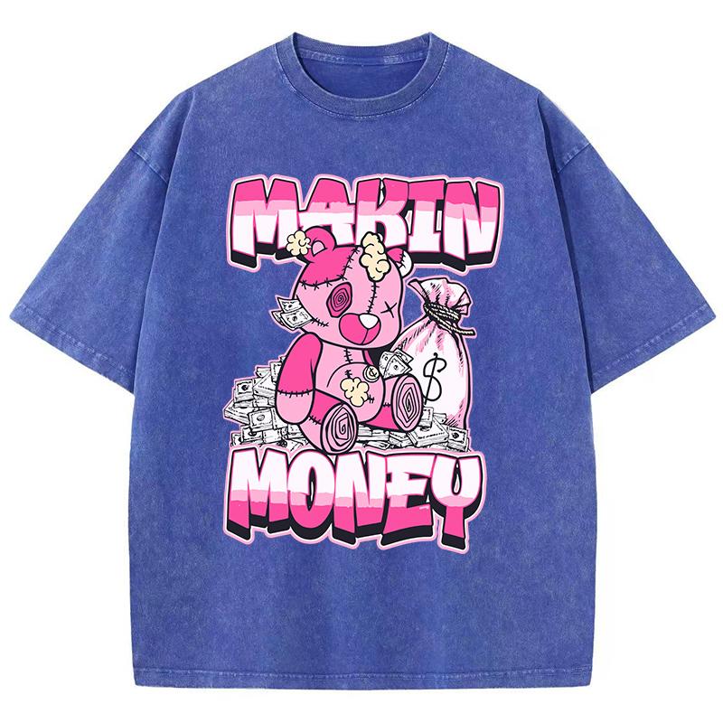 Street Women Washed T-Shirts Making Money Bear Printing Tops Comfortable Crewneck Cotton Oversize Tees Summer Clothes
