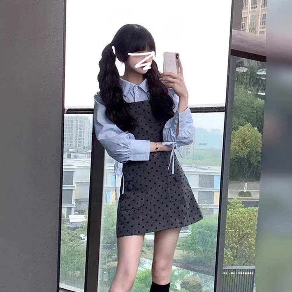 Elegant Korean Style Polka Dot Slimming Dress with Lace-Up Long Sleeves, Black