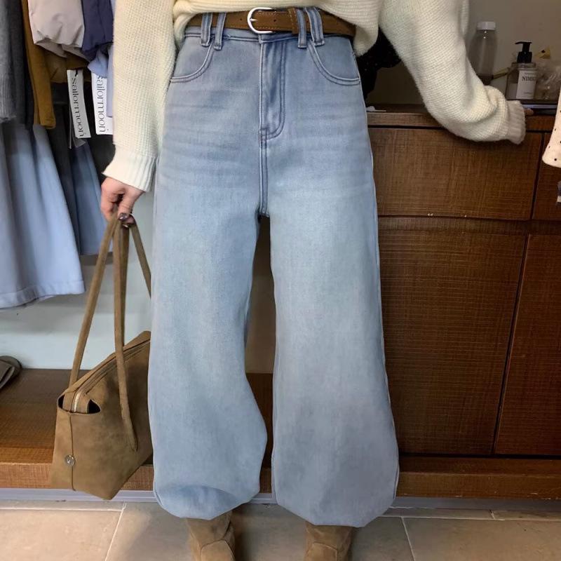 

Korean Style High Waist Retro Plus Velvet Warm Loose Jeans - Winter Casual Long Pants Large