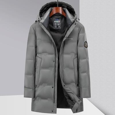 Mittellange und lange Daunenjacke mit Kapuze für Herren zum Schutz vor Kälte und Wärme, wasserdichte Daunenjacke aus PU-Leder für junge und mittlere Menschen
