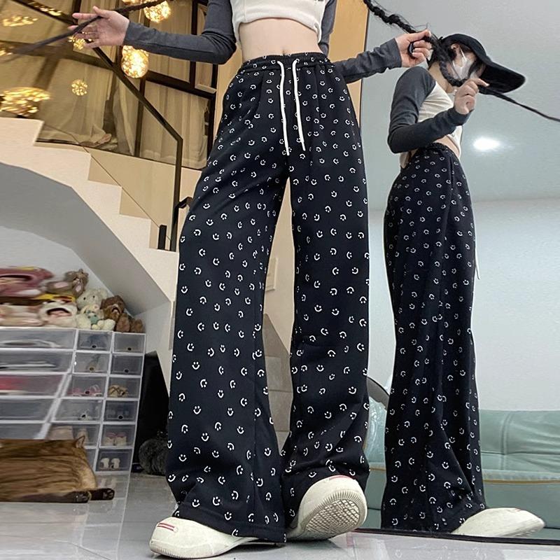 Gray Smiley Face Printed Straight Wide-leg Pants Women's Spring and Autumn New High-waisted Drape Sweatpants Loose and Thin Casual Pants