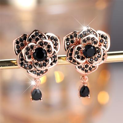 Cute Female Crystal White Black Zircon Flower Stud Earrings Vintage Rose Gold Color Party Wedding  For Women