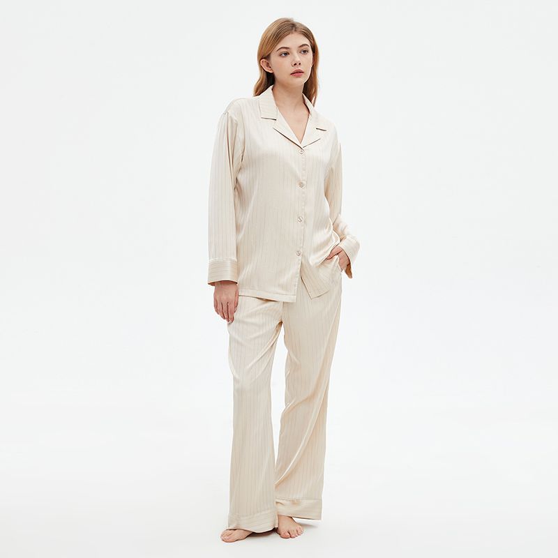 

Bright Gold Thread Vertical Stripes High-Grade Silky Satin Ice Silk Pajamas Women Summer Spring Pajama Pants New Home Wear Set Champagne XL