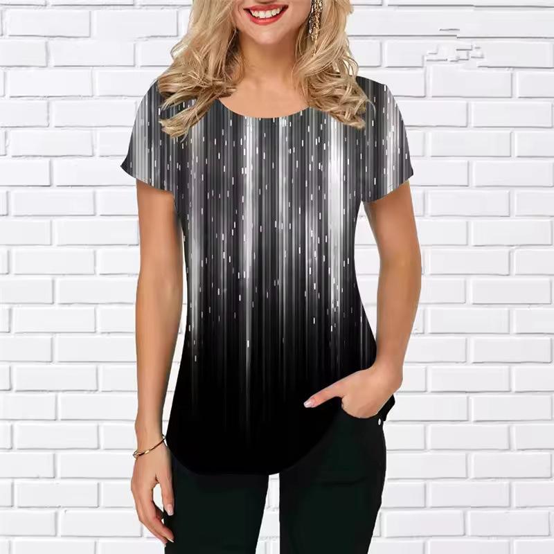 Summer Round Neck 3D Gradual Glitter Print Top Fashionable Casual Short Sleeved Women's T-shirts