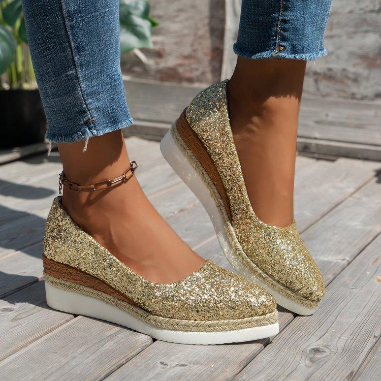 

Повседневная женская обувь на платформе большого размера с пайетками, осенняя новинка, женские удобные туфли-клинья с мягкой подошвой 42 золотой