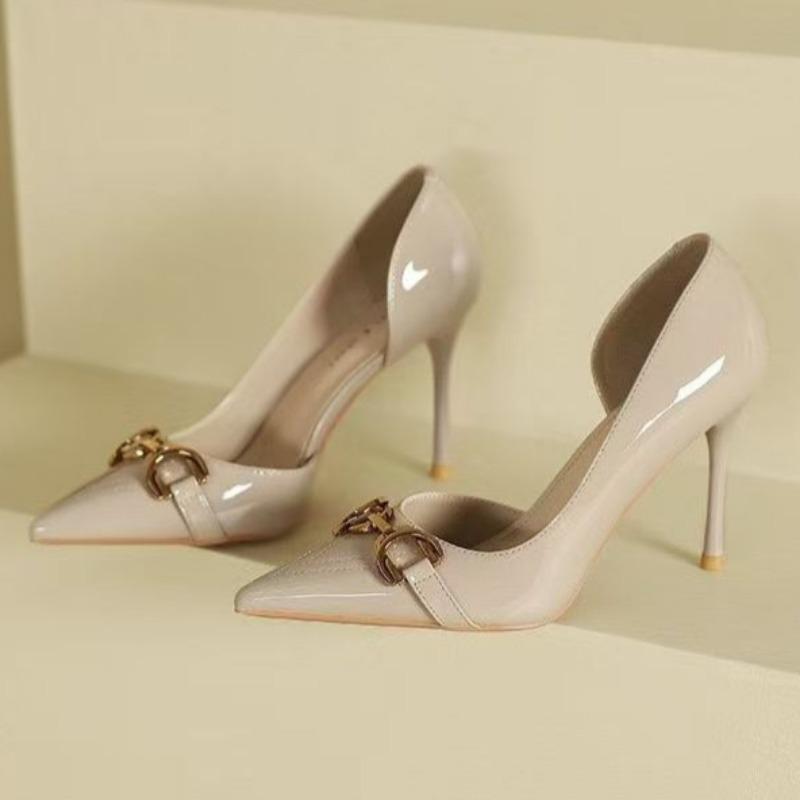 Women's Thin Heel Shoes Spring New Pointed Head Shallow Mouth Metal Chain Set Foot Anti-slip Wear-resistant High Heels