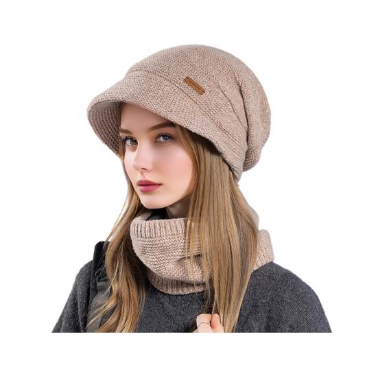 2Pcs/Set Women Winter Hat Scarf Set Solid Color Elastic Thickened Ear Protection Knitting Hat