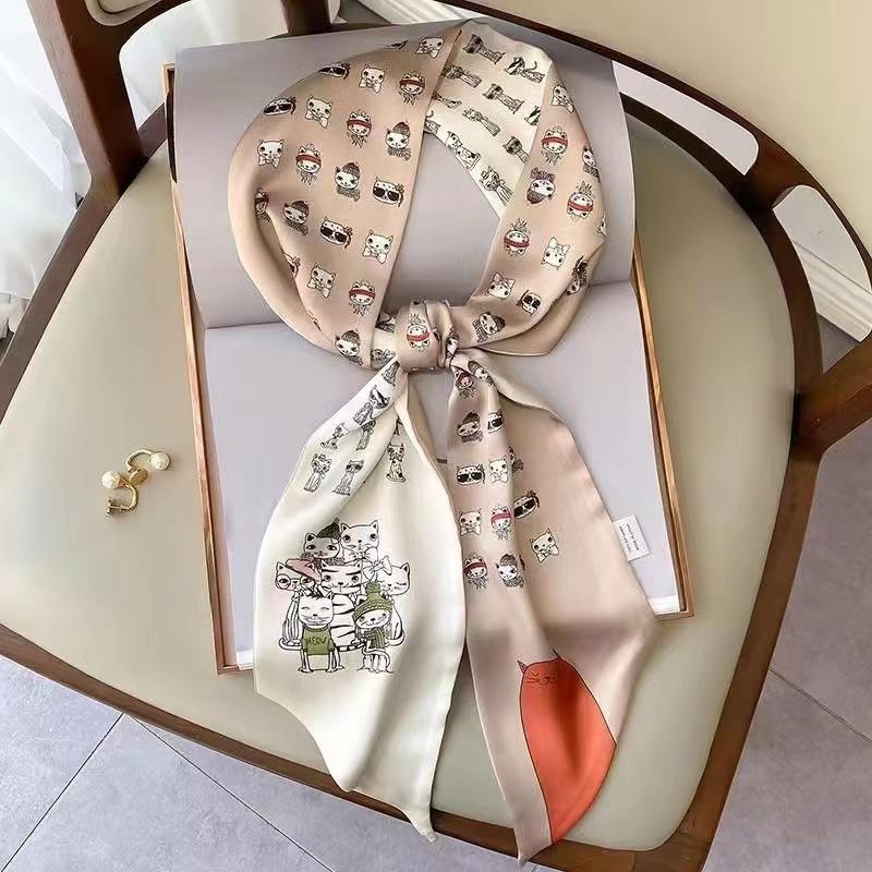 Thin and Narrow Long Silk Scarf Imitation Silk Versatile Decorative Scarf Fashionable Pointed Corner Headband Strap Streamer Striped Silk Scarf