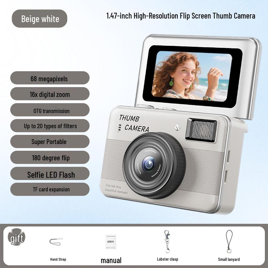 Retro Flip Screen Mini Camera for Students - Portable HD Photo & Video Recorder with Lanyard