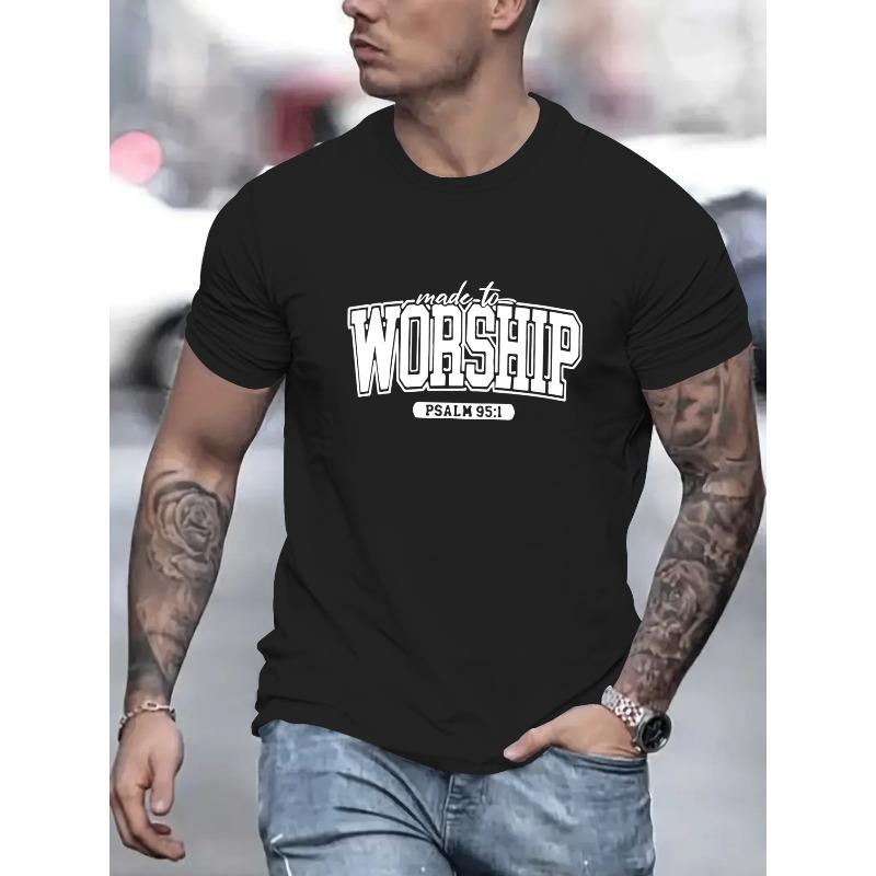 

Worship Print, Men s Round Crew Neck Short Sleeve, Casual Comfy Breathable Top For Spring Summer Holiday Leisure Vacation Men s Clothing As Gift 4XL чорний