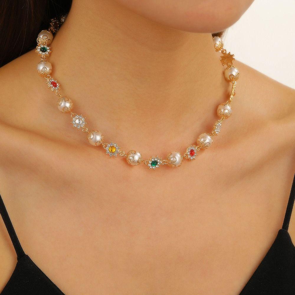 Neck Jewelry Colorful Rhinestone Choker Beads String Imitation Pearl Clavicle Chain Party