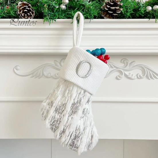 1Pc Christmas White Stocking Letter Embroidery Knitted Handmade Reusable Xmas Tree Hanging Gift Bag Stocking Pendant Party Holiday Decoration