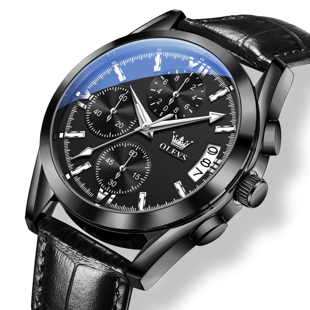 OLEVS Men Leather Quartz Watches Waterproof Wristwatches Men Sports Chronograph with Luminous Pointers Watches for Men