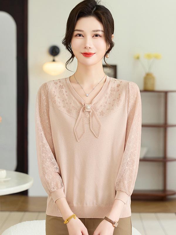 Spring V-neck Knit Top with Gauze Sleeves for Middle-aged and Elderly Women, Long-sleeved, Stylish, Age-Reducing Base Layer Set
