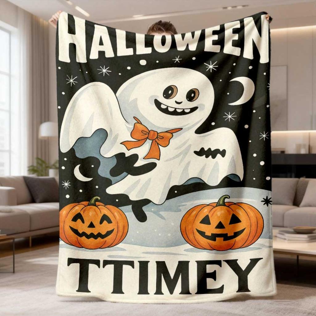 2026 Latest Flannel Blanket | Joyful Night Cozy Illustrated Flannel Soft Blanket with Ghosts and Pumpkin Lights, All-Season Use, Hypoallergenic, Tear