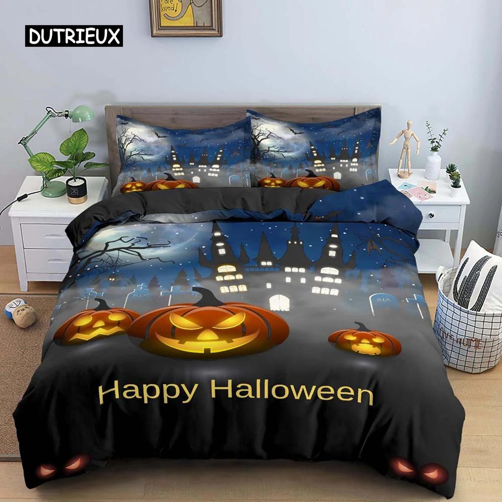 Halloween Duvet Cover Evil Pumpkin Pattern Bedding Set Carnival Night Halloween Holiday Decoration for Teens Boys Bedroom Decor