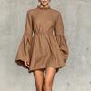 Women's Stylish Color Long Sleeve Neck Ruffle Dress with Elastic Waist