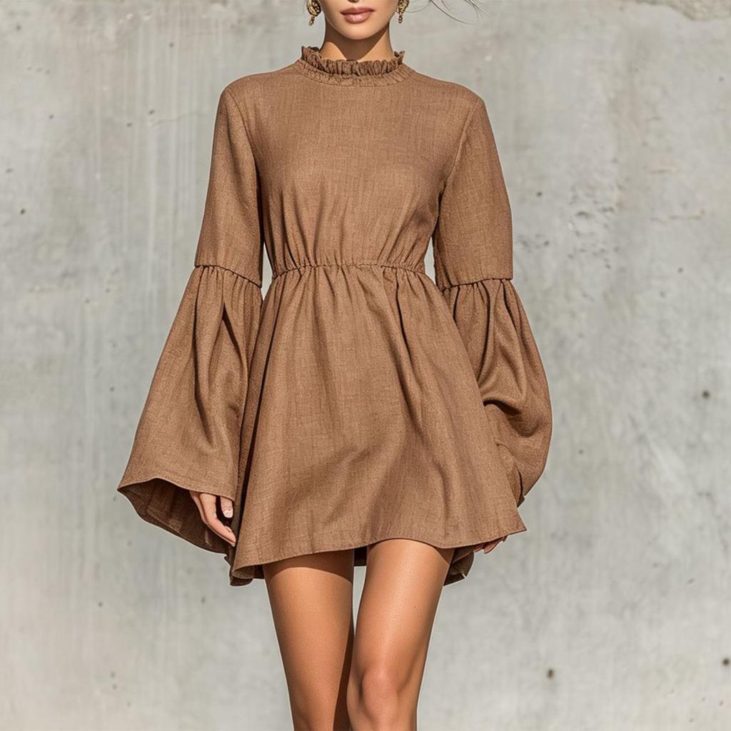 Women's Stylish Color Long Sleeve Neck Ruffle Dress with Elastic Waist