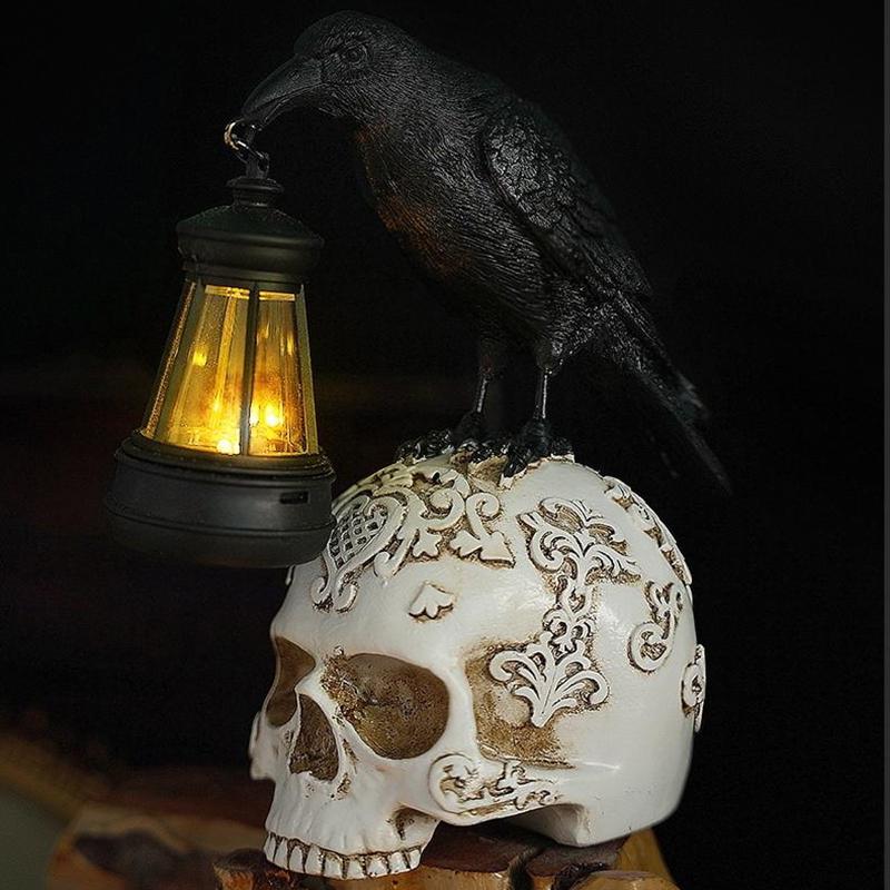 Halloween Crow Skull Night Light Table Lamp Halloween Decorative Skull Lamp Gothic Decorative Night Light Resin Craftsmanship