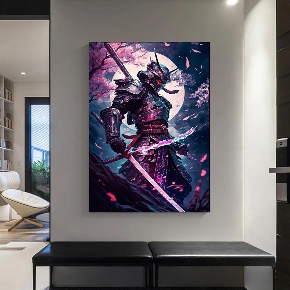 Japanese Anime Samurai Sakura Warrior Figures at Sunset Art Painting Wall Canvas Posters Prints for Room Home Decor Frameless