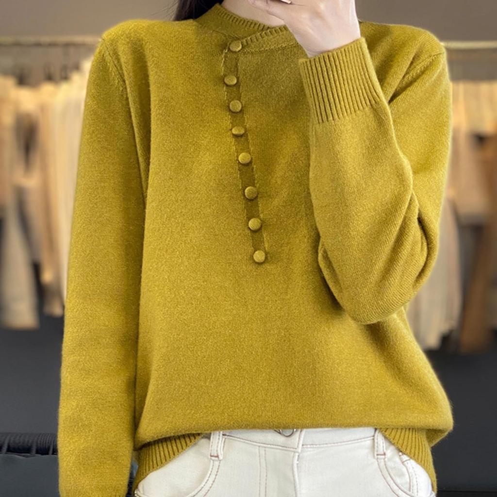 Women's Fashion Casual Pullover Knitted Sweater With Buttons, Solid Color, Long Sleeves Top