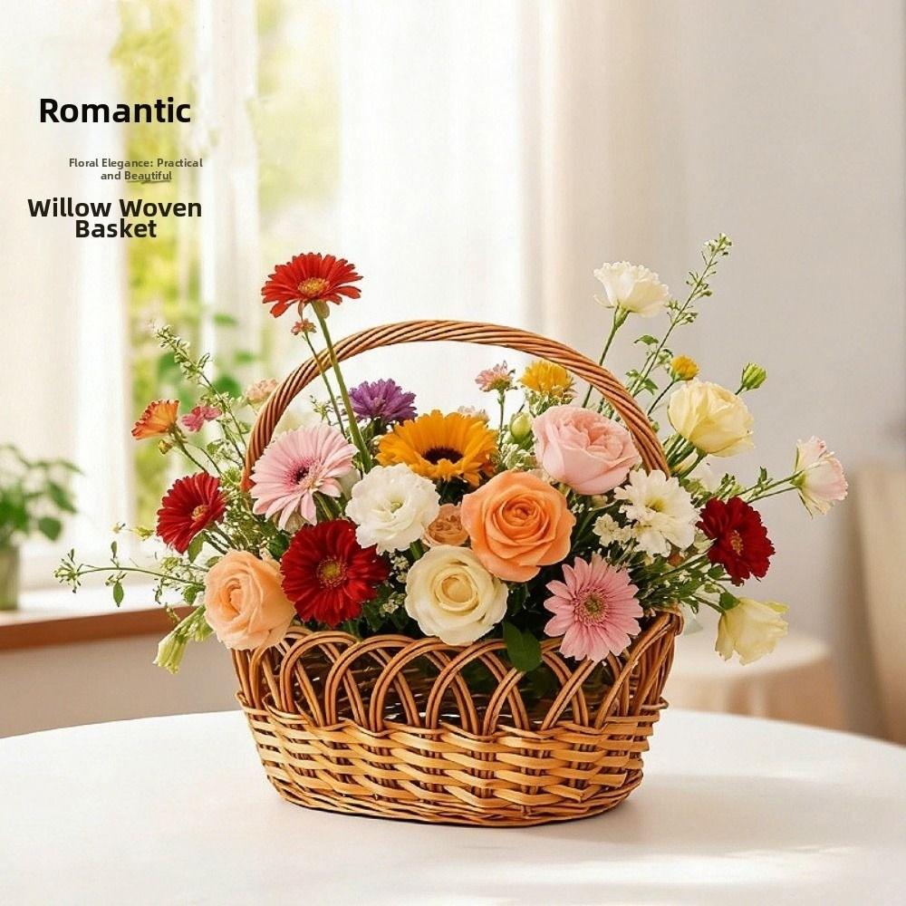 with Handle Lace Fruit Basket Handwoven Household Imitation Rattan Basket Handmade 2 Sizes Vegetable Fruit Flowers Holder