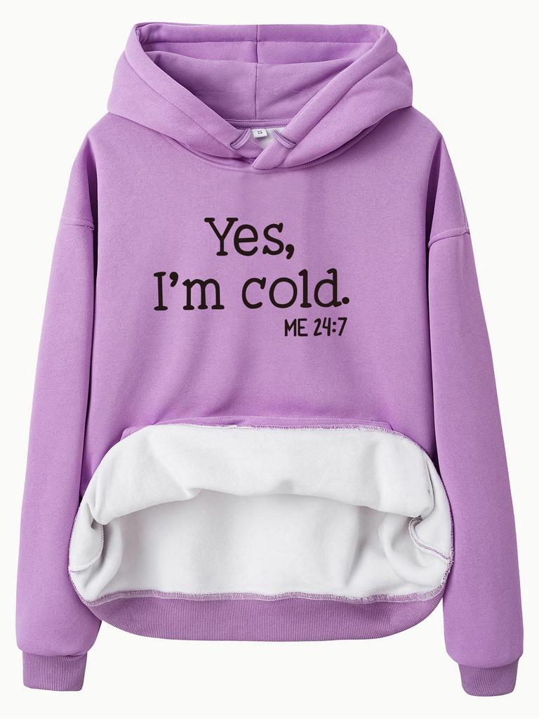 European Size Women's Hooded Kangaroo Pocket Sweatshirt with YES I'M COID Print – Autumn/Winter, Long Sleeve, Plus Velvet