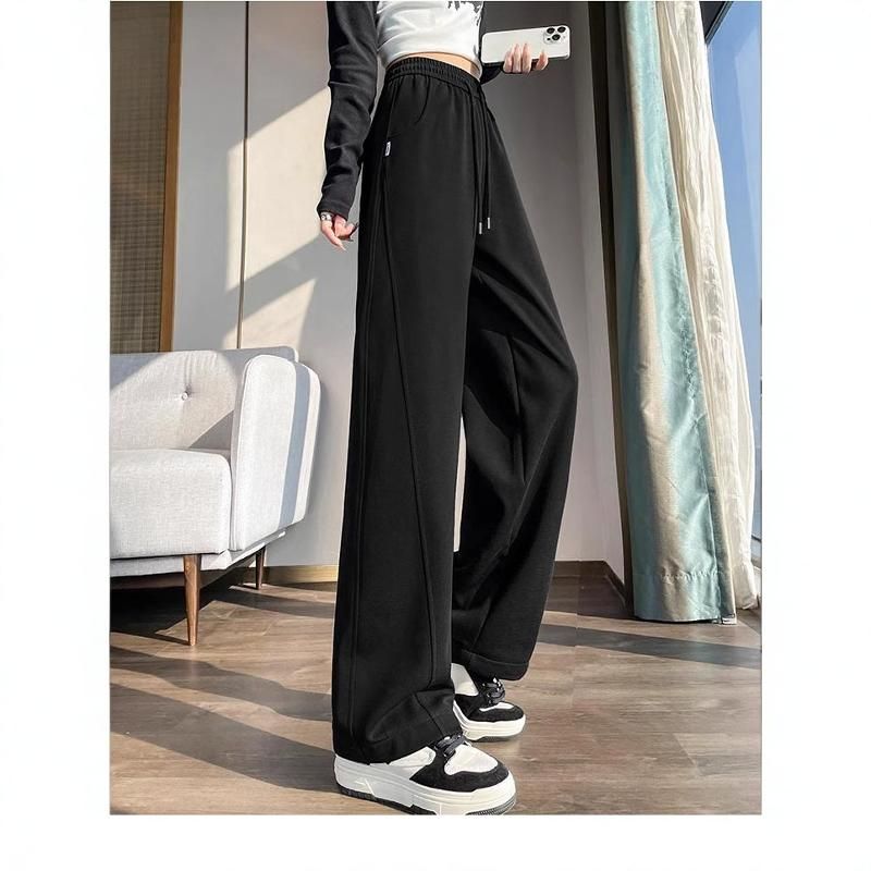 

Fleece Wide-Leg Pants Female Fall and Winter 2024 New Arrival Loose Slim Looking High Waist Drooping Small Thick Straight-leg Casual Sweatpants Black [Spring and Autumn regular]] L