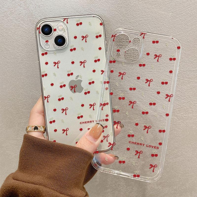 2026 New Bow Cherry Apple 17promax Mobile Phone Case 16 Premium Transparent iPhone15 Super Beautiful