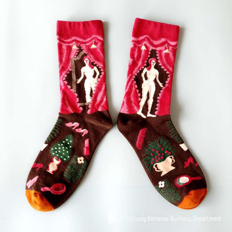 Șosete la modă cu pictură în ulei franceză: Șosete de vițel colorate, cu tub mediu-înalt, de nișă, la modă pentru femei