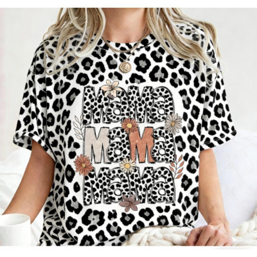 Funny Stripe Colorful Leopard Mama Print Women's Short Sleeves T-Shirt Loose Casual Summer Outdoor Street Women's Tees Tops