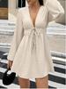 European & American Women's V-neck Lantern Sleeve Short Casual Dress with Waist-cinching Lace-up