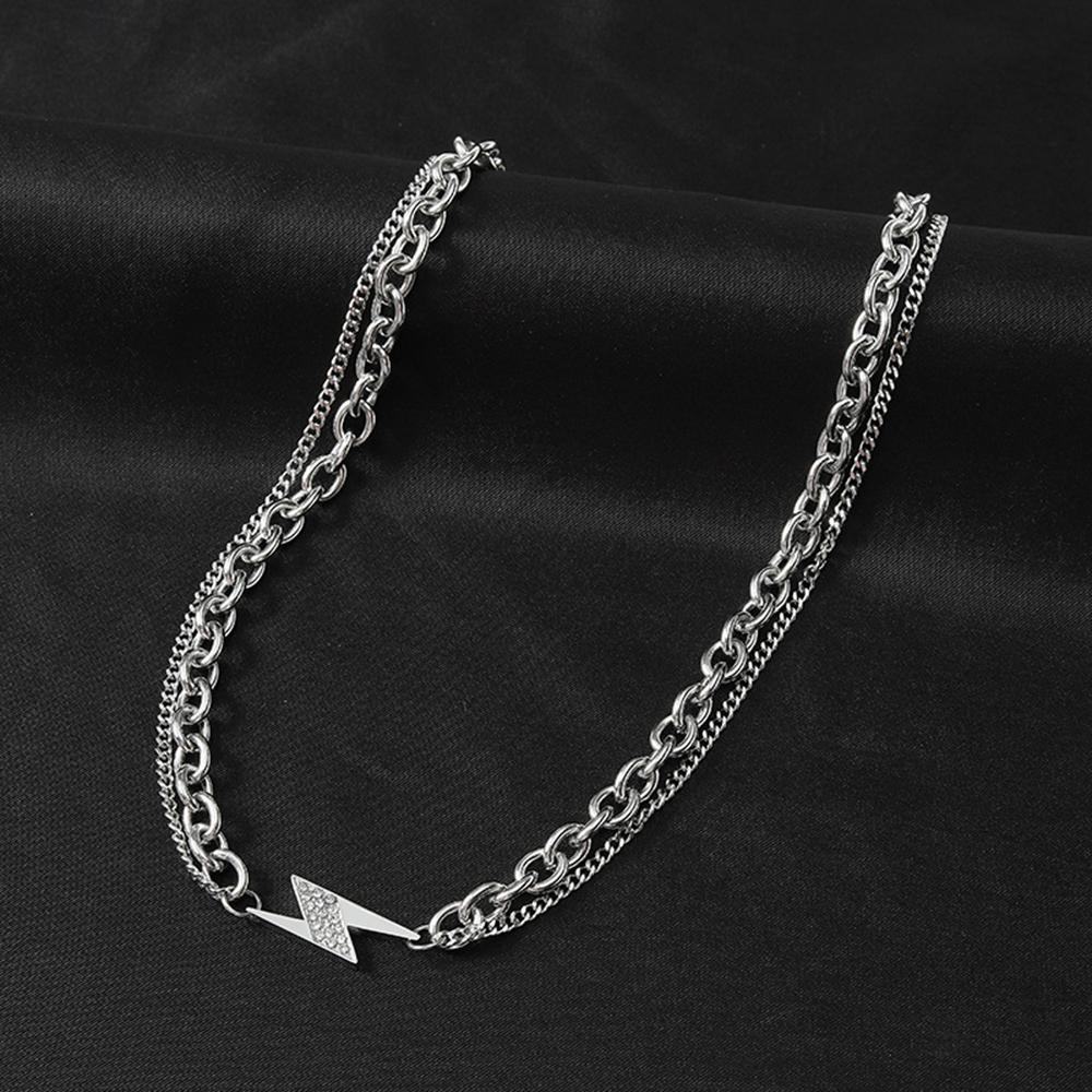 Fashion Hip Hop Double Layer Chain Stainless Steel Male Necklace Zircon Lightning Pendant Necklace Mans Party Jewelry Gift