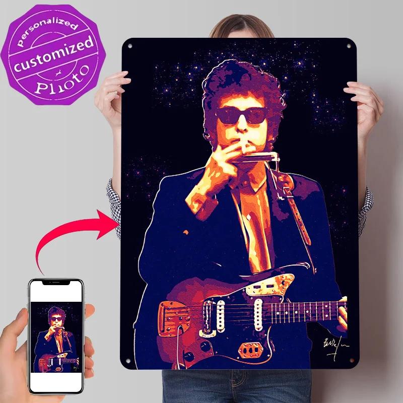 Bob Dylan Gitarrenporträt D-Textur Gedrucktes Poster Benutzerdefiniertes Vintage Metallblechschild für Wandkunst Dekoration Schlafzimmer Haus