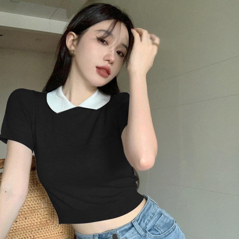 

Женская трикотажная футболка с милыми лацканами для похудения, повседневный универсальный укороченный топ контрастного цвета с короткими рукавами One Size