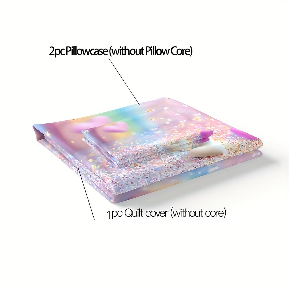 3D Blurry Color Glitter Plush Heart Duvet Cover Set, Breathable 100% Polyester Bedding with Zipper Closure, Machine Washable