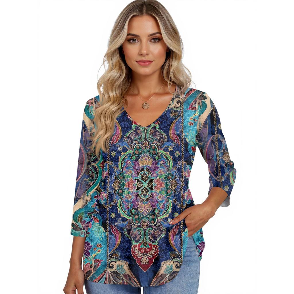 Women's T Shirt Print 3/4 Sleeve Fashion Basic V- Neck Regular Top